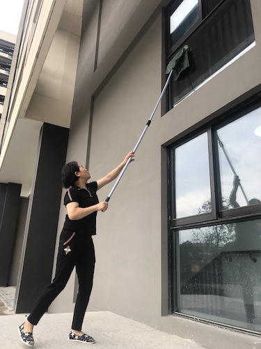 清卫员陈应芬擦洗精思苑寝室外围玻璃